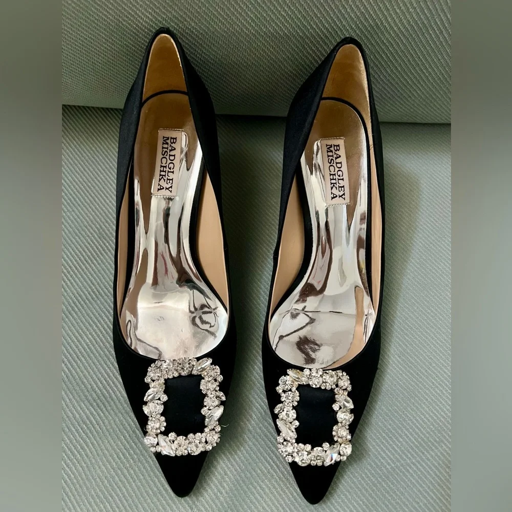 Badgley Mischka Black Satin Pointed Toe Heels with Crystal Buckles - Picture 2 of 7